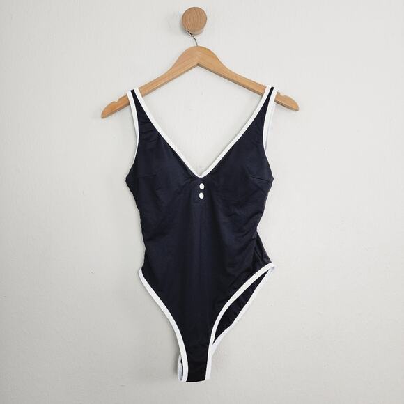 NEW Aqua 1/4 Placket Light Support Black White One-Piece Swimsuit - Picture 3 of 10